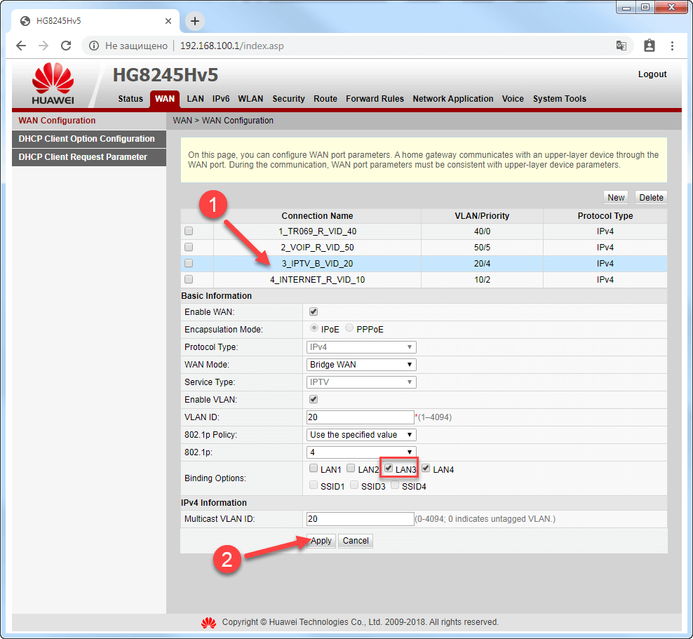 Вкладка WAN на модеме Huawei EchoLife HG8245HV5