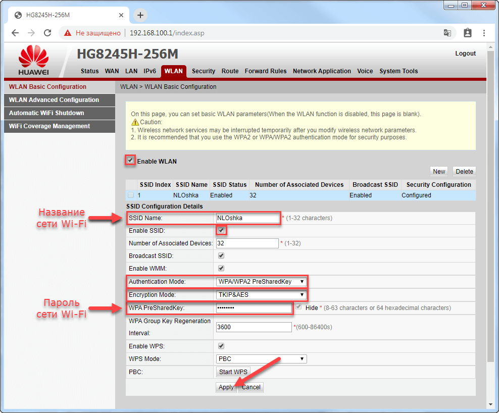 Вкладка WLAN на модеме Huawei EchoLife HG8245HV5