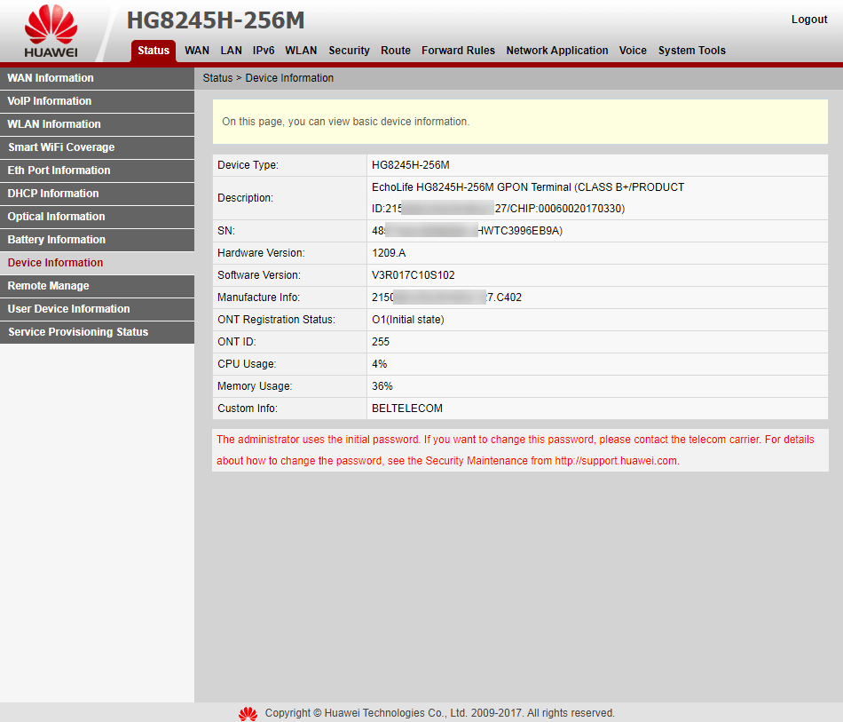 Вкладка Status > Device Information на модеме Huawei EchoLife HG8245H-256M