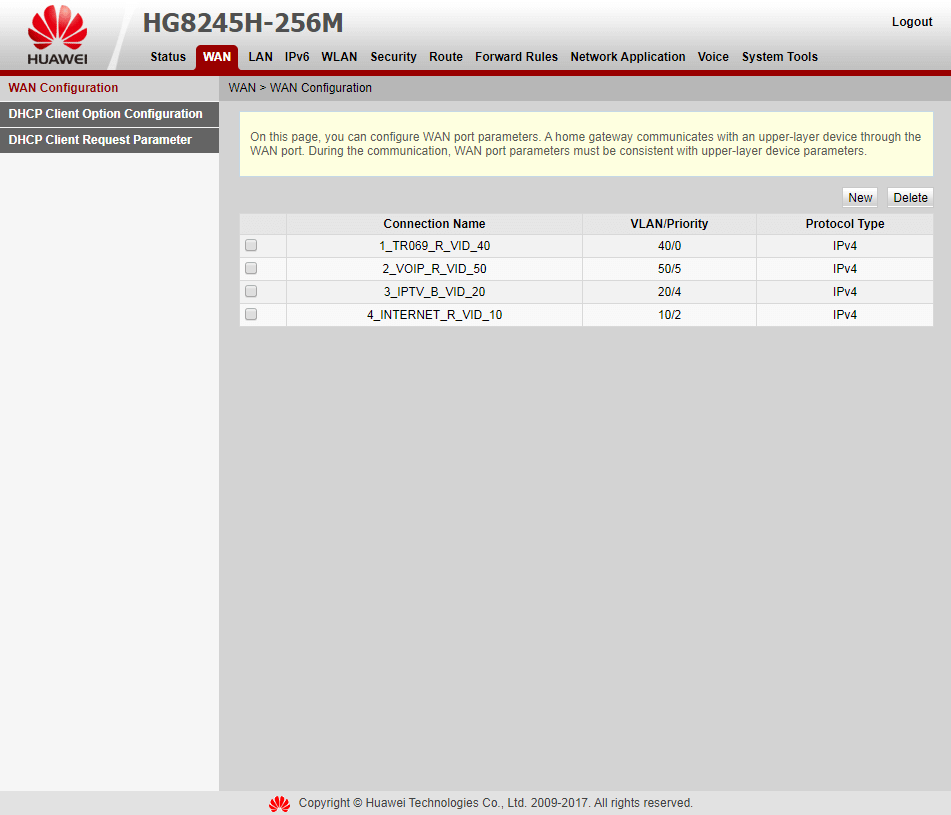 Вкладка WAN > WAN Configuration на модеме Huawei EchoLife HG8245H-256M