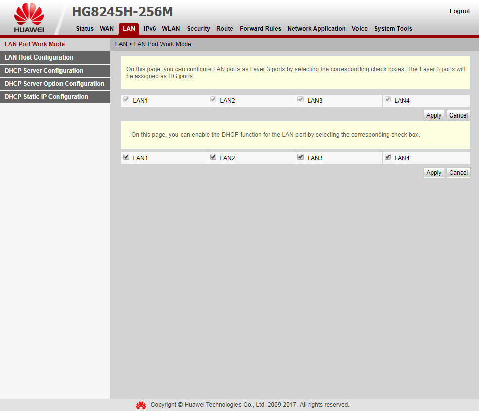 Вкладка LAN > LAN Port Work Mode на модеме Huawei EchoLife HG8245H-256M