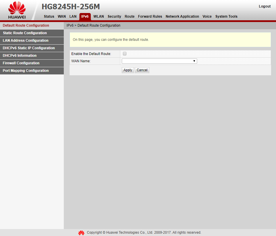Вкладка IPv6 > Default Route Configuration на модеме Huawei EchoLife HG8245H-256M