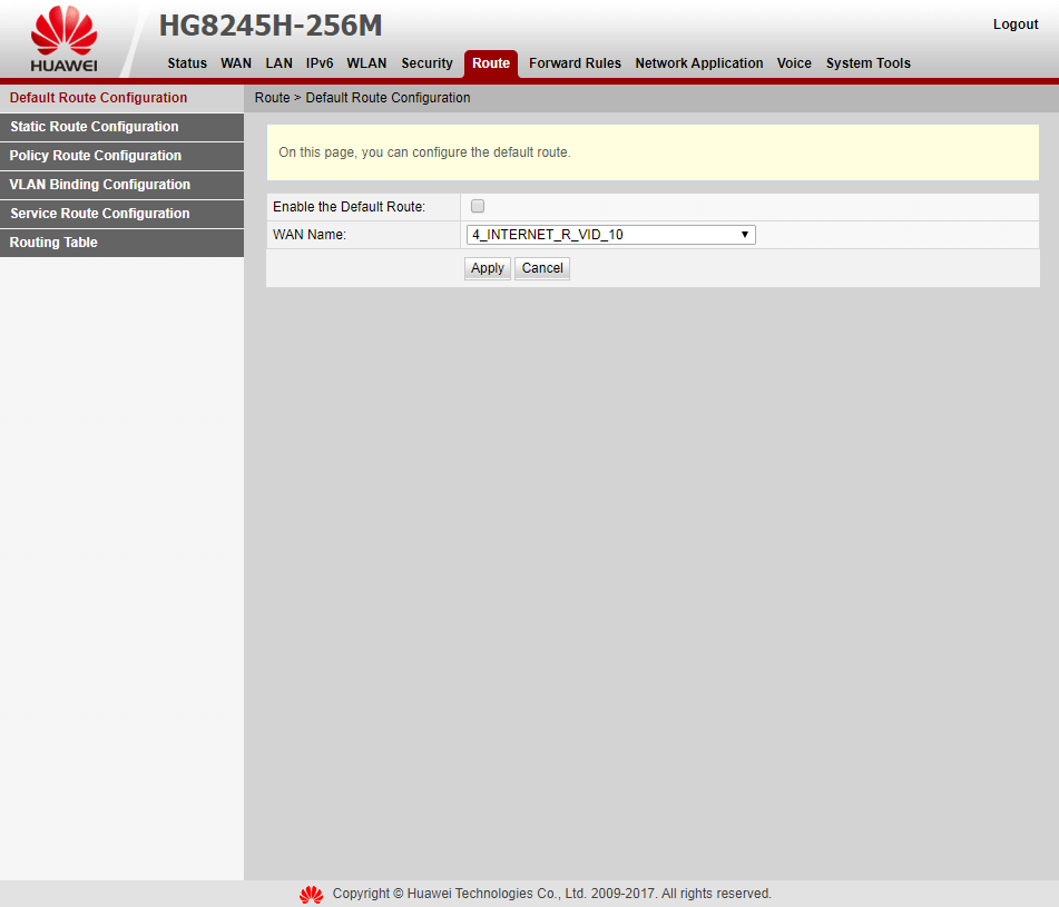 Вкладка  Route > Default Route Configuration на модеме Huawei EchoLife HG8245H-256M