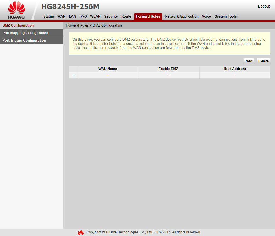 Вкладка Forward Rules > DMZ Configuration на модеме Huawei EchoLife HG8245H-256M