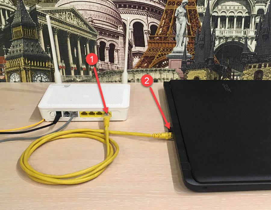 Проводное соединение через сетевой кабель модема Huawei EchoLife HG8245H5 и ноутбука