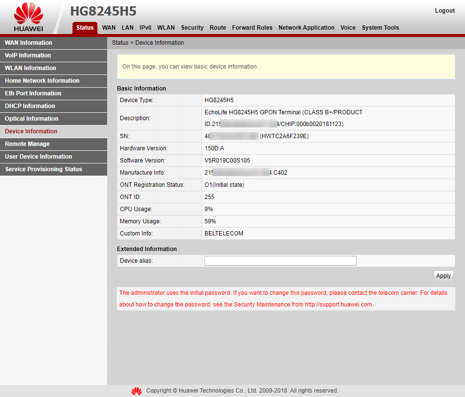 Вкладка Status > Device Information на модеме Huawei EchoLife HG8245H5