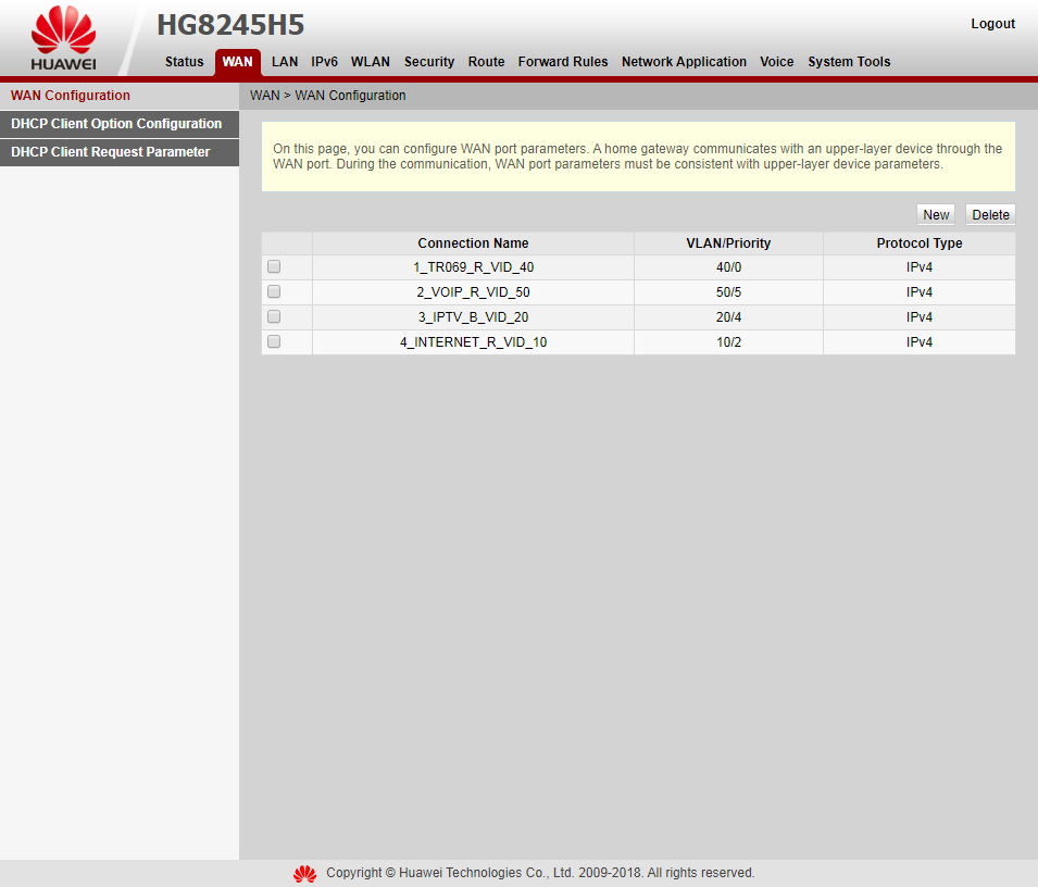 Вкладка WAN > WAN Configuration на модеме Huawei EchoLife HG8245H5