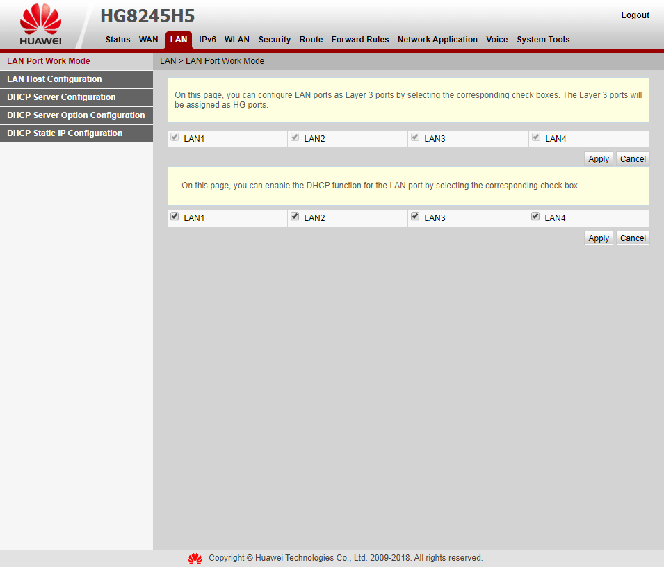 Вкладка LAN > LAN Port Work Mode на модеме Huawei EchoLife HG8245H5