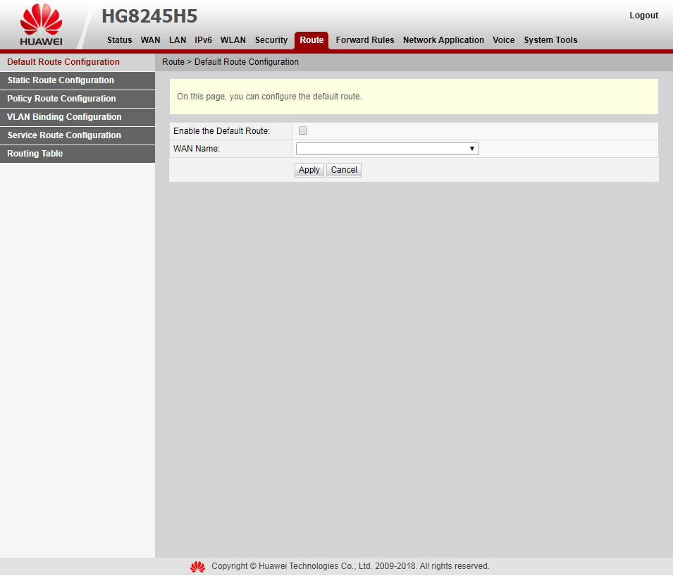 Вкладка  Route > Default Route Configuration на модеме Huawei EchoLife HG8245H5
