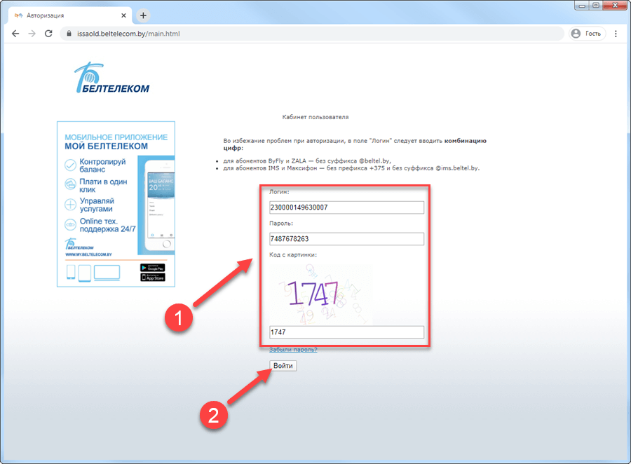 Форма входа в старый личный кабинет