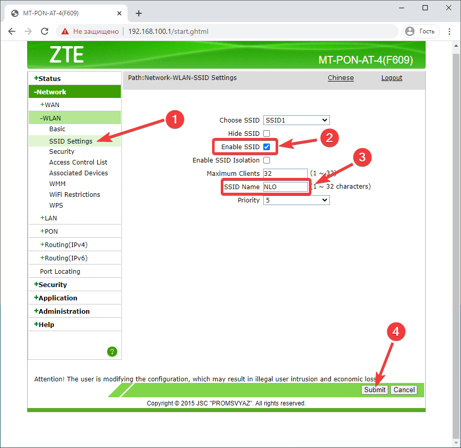 Вкладка Network > WLAN > SSID Setting на модеме ZTE ZXHN F609