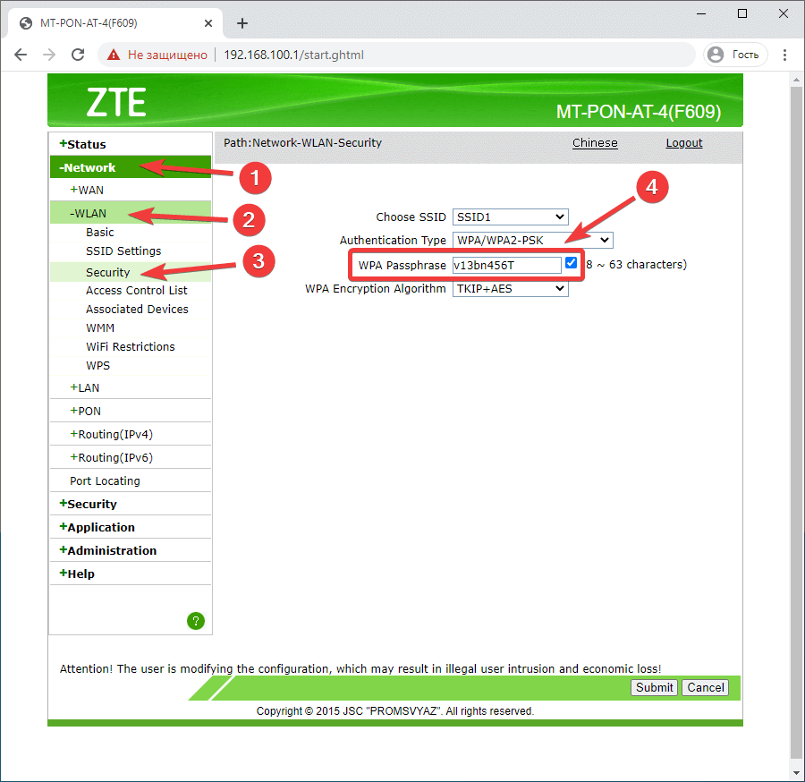 Вкладка Network > WLAN > Security на модеме ZTE ZXHN F609