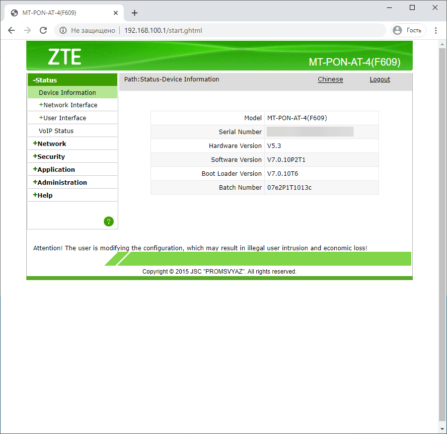 Вкладка Status на модеме ZTE ZXHN F609