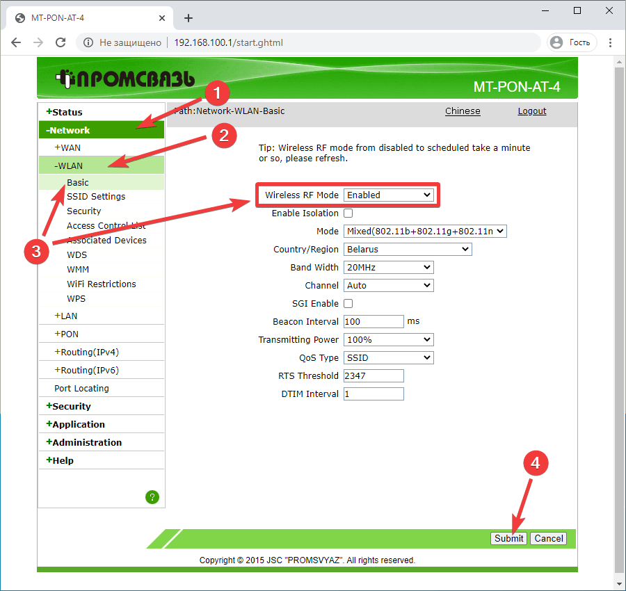 Вкладка Network > WLAN > Basic на модеме ZTE ZXHN F660V5