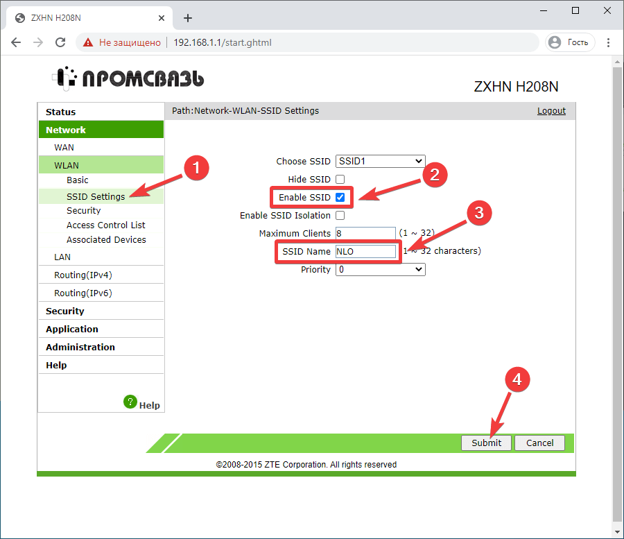 Вкладка Network > WLAN > SSID Setting на модеме ZTE ZXHN H208N