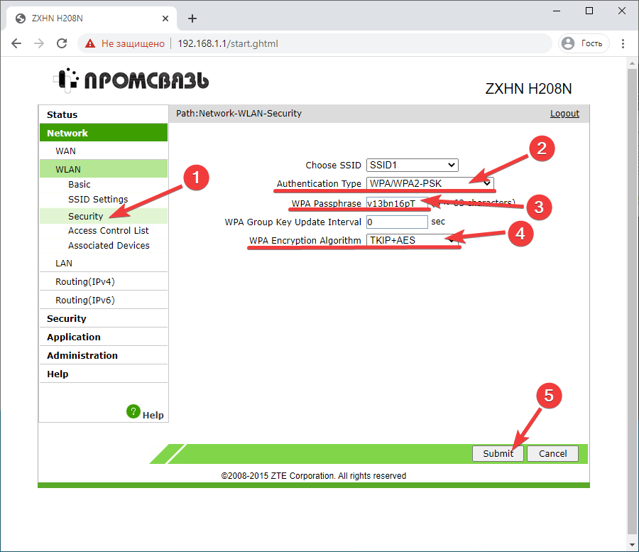 Вкладка Network > WLAN > Security на модеме ZTE ZXHN H208N