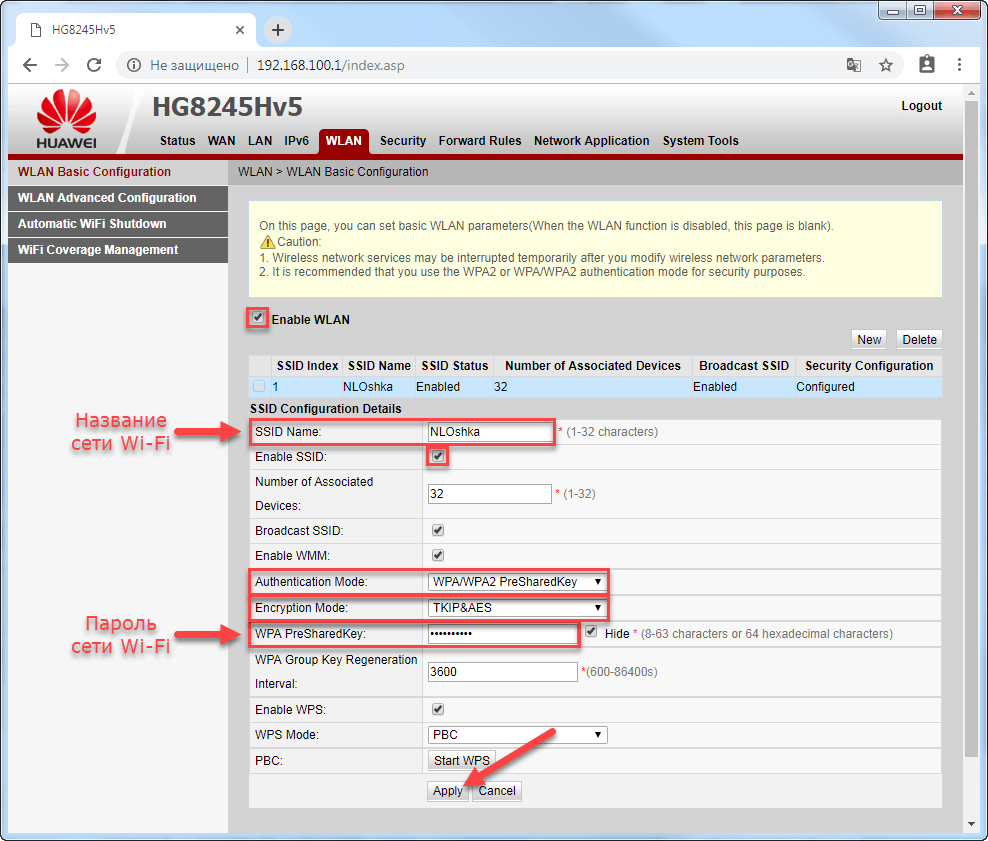 Вкладка WLAN на модеме Huawei EchoLife HG8245HV5