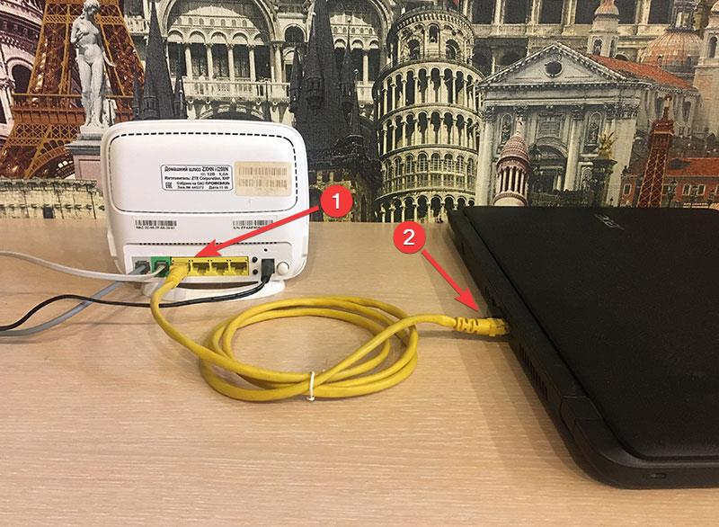 Проводное соединение через сетевой кабель модема ZTE ZXHN H208N и ноутбука