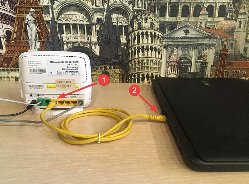 Проводное соединение через сетевой кабель модема ZTE ZXHN H267N и ноутбука
