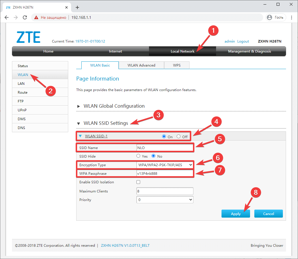 Вкладка Network > WLAN > Basic на модеме ZTE ZXHN H267N