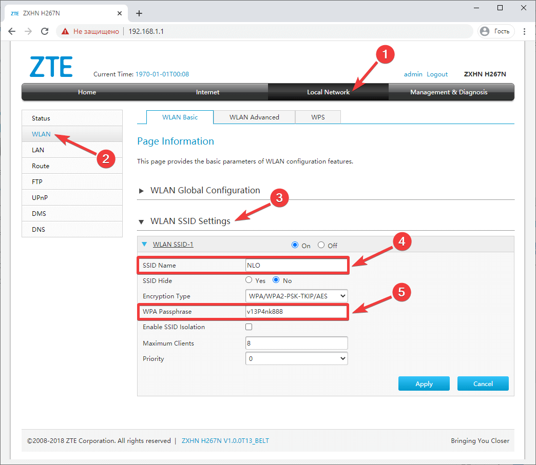 Вкладка Network > WLAN > Basic на модеме ZTE ZXHN H267N