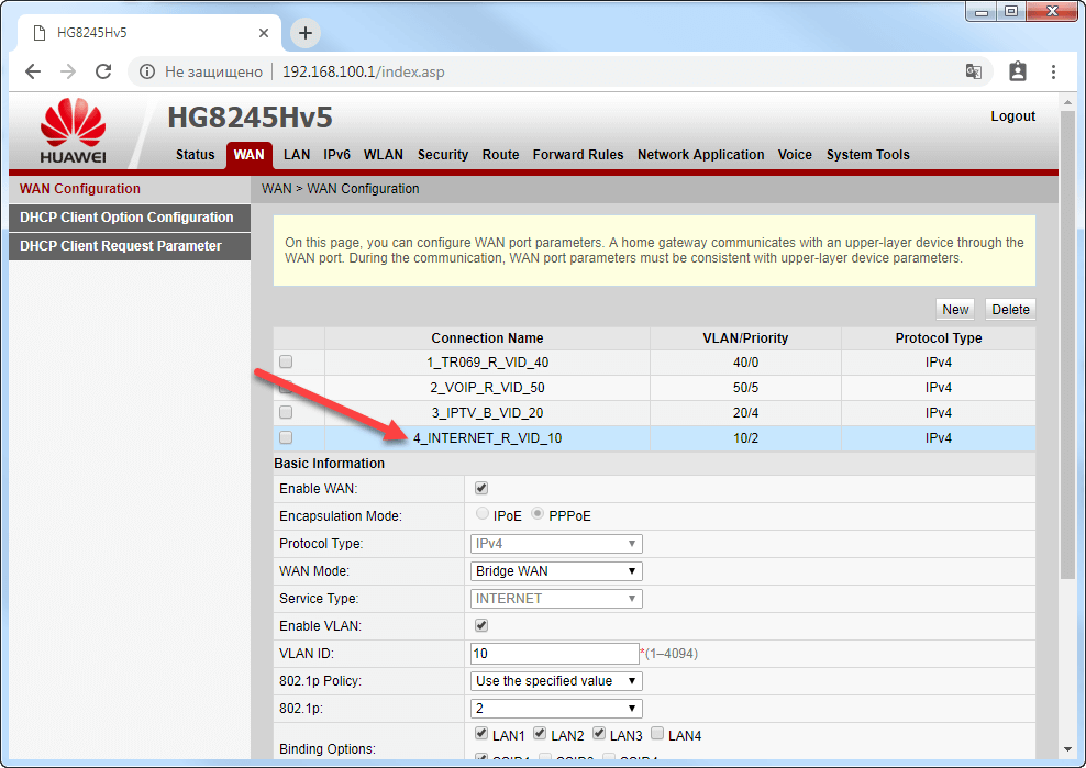 Вкладка WAN на модеме Huawei EchoLife HG8245HV5