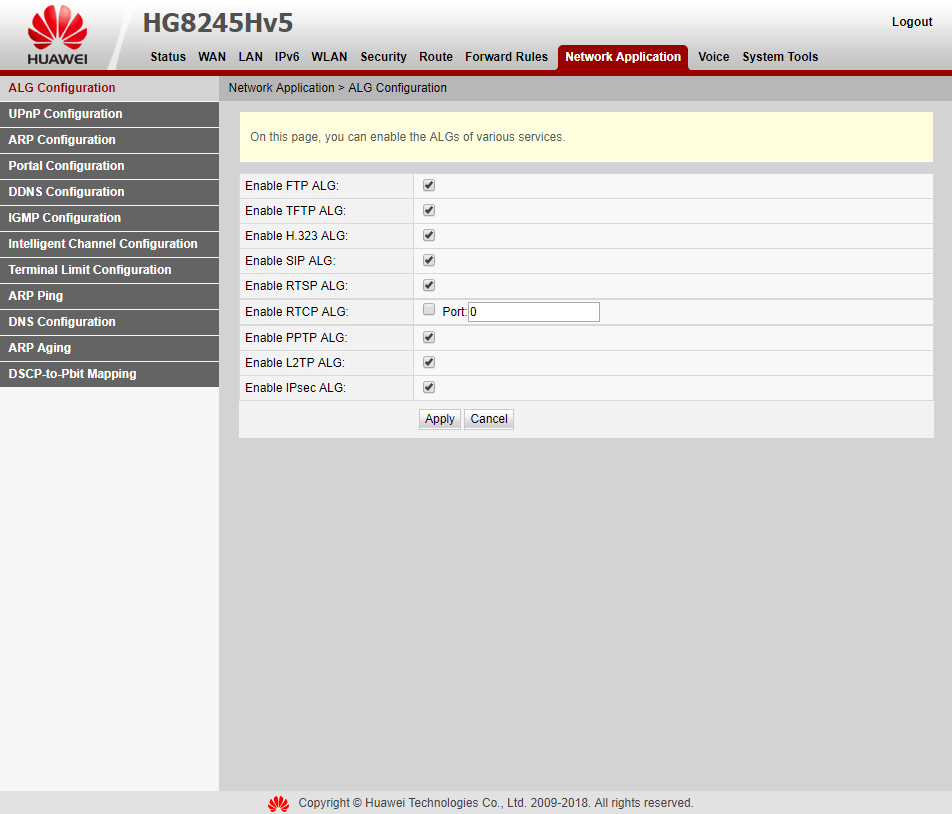 Вкладка Network Application > ALG Configuration на модеме Huawei EchoLife HG8245HV5