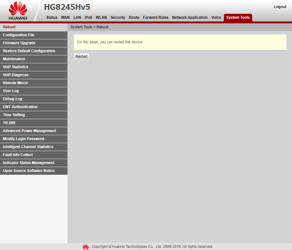 Вкладка System Tools > Reboot на модеме Huawei EchoLife HG8245HV5