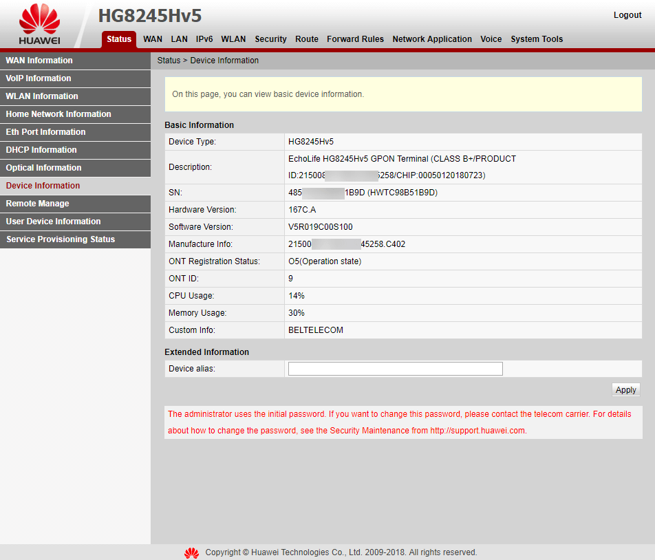 Вкладка Status > Device Information на модеме Huawei EchoLife HG8245HV5