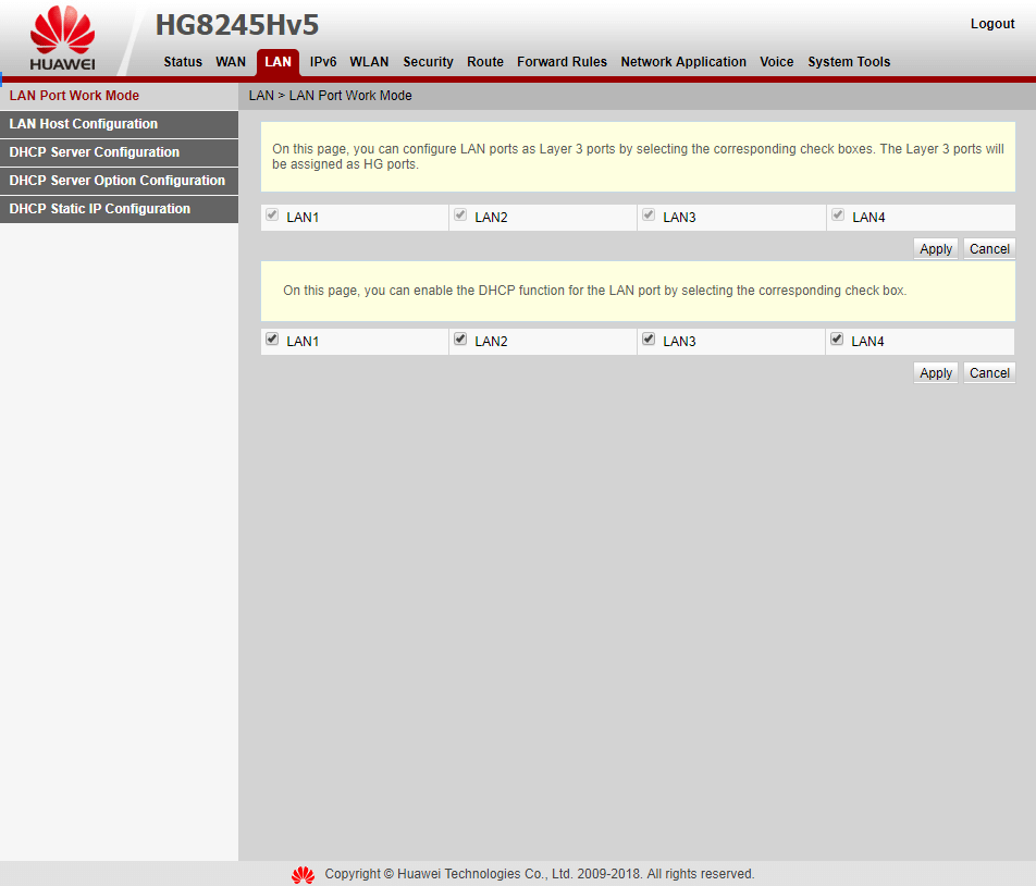 Вкладка LAN > LAN Port Work Mode на модеме Huawei EchoLife HG8245HV5