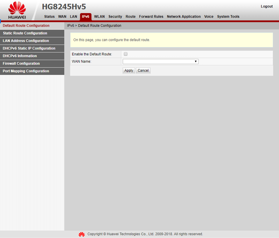 Вкладка IPv6 > Default Route Configuration на модеме Huawei EchoLife HG8245HV5