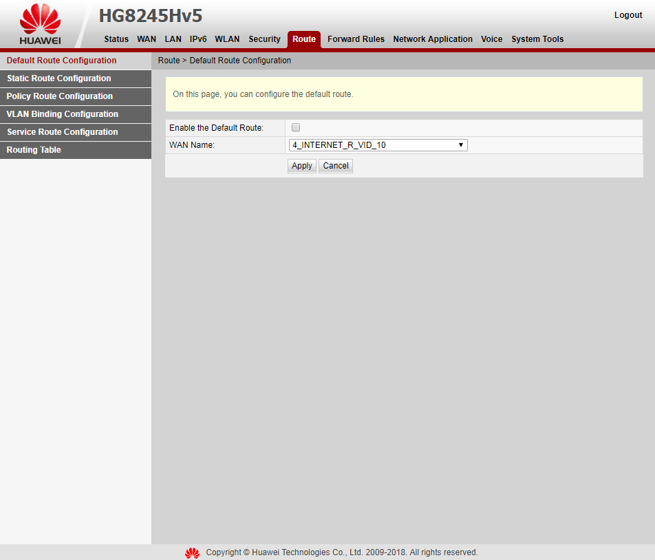 Вкладка  Route > Default Route Configuration на модеме Huawei EchoLife HG8245HV5