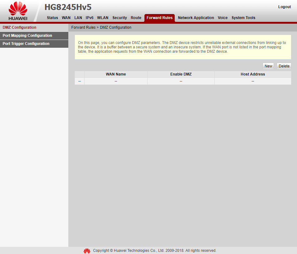 Вкладка Forward Rules > DMZ Configuration на модеме Huawei EchoLife HG8245HV5
